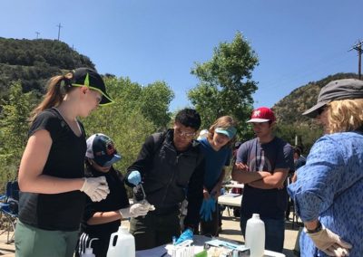 6 people outdoors at table doing research