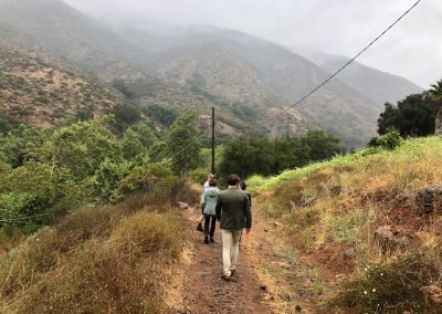 Four people walk on a trail with misty hills in the background