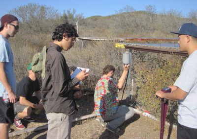 A group of students works near a vegetation plot with various pieces of scientific equipment